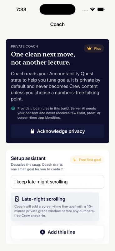 Accountability Quest Coach screen showing private goal setup, weekly review, and numbers-free Crew talking points.