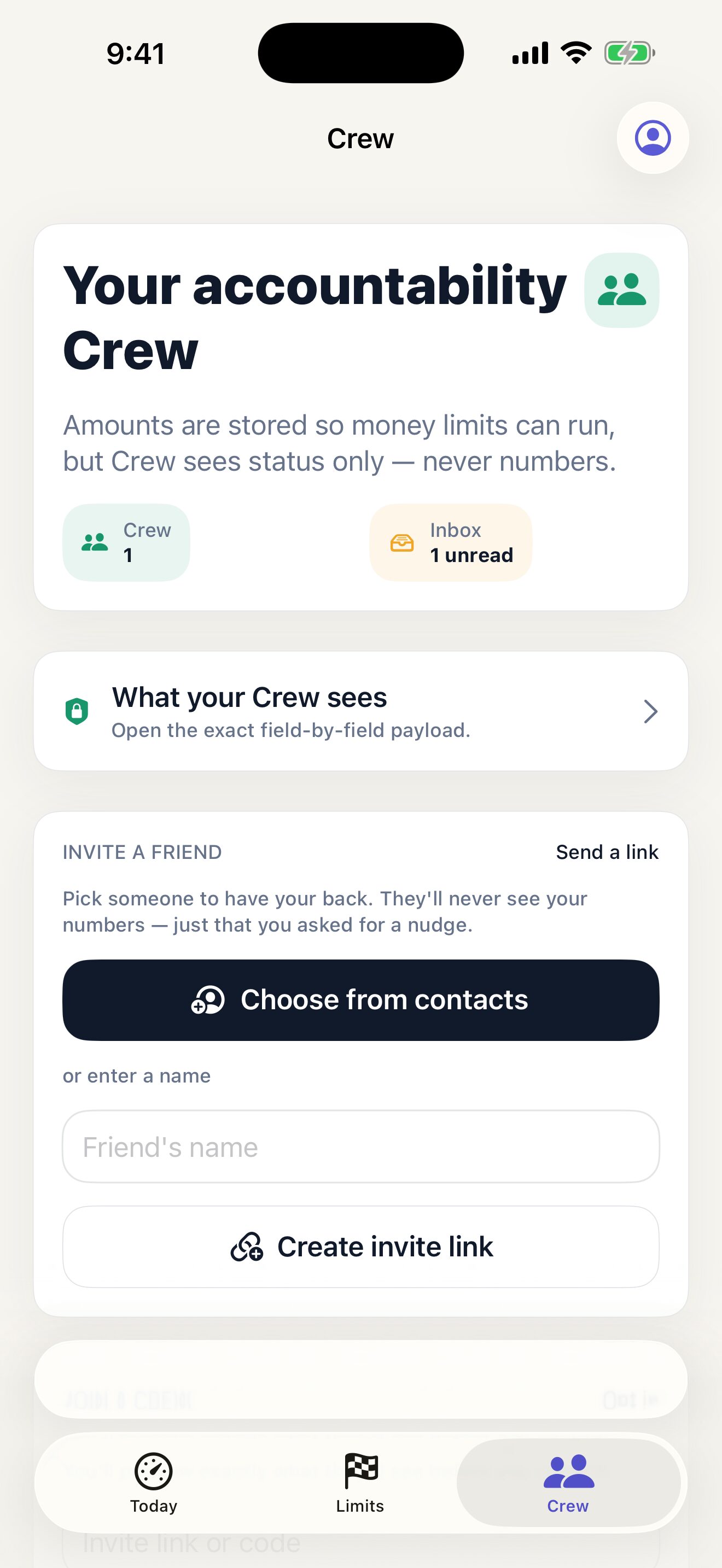 Accountability Quest Crew screen showing a consented check-in inbox with amount and merchant details hidden.