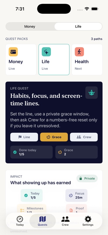 Accountability Quest Life screen showing habits, screen-time line, focus session, pledge, and Crew-safe check-ins.