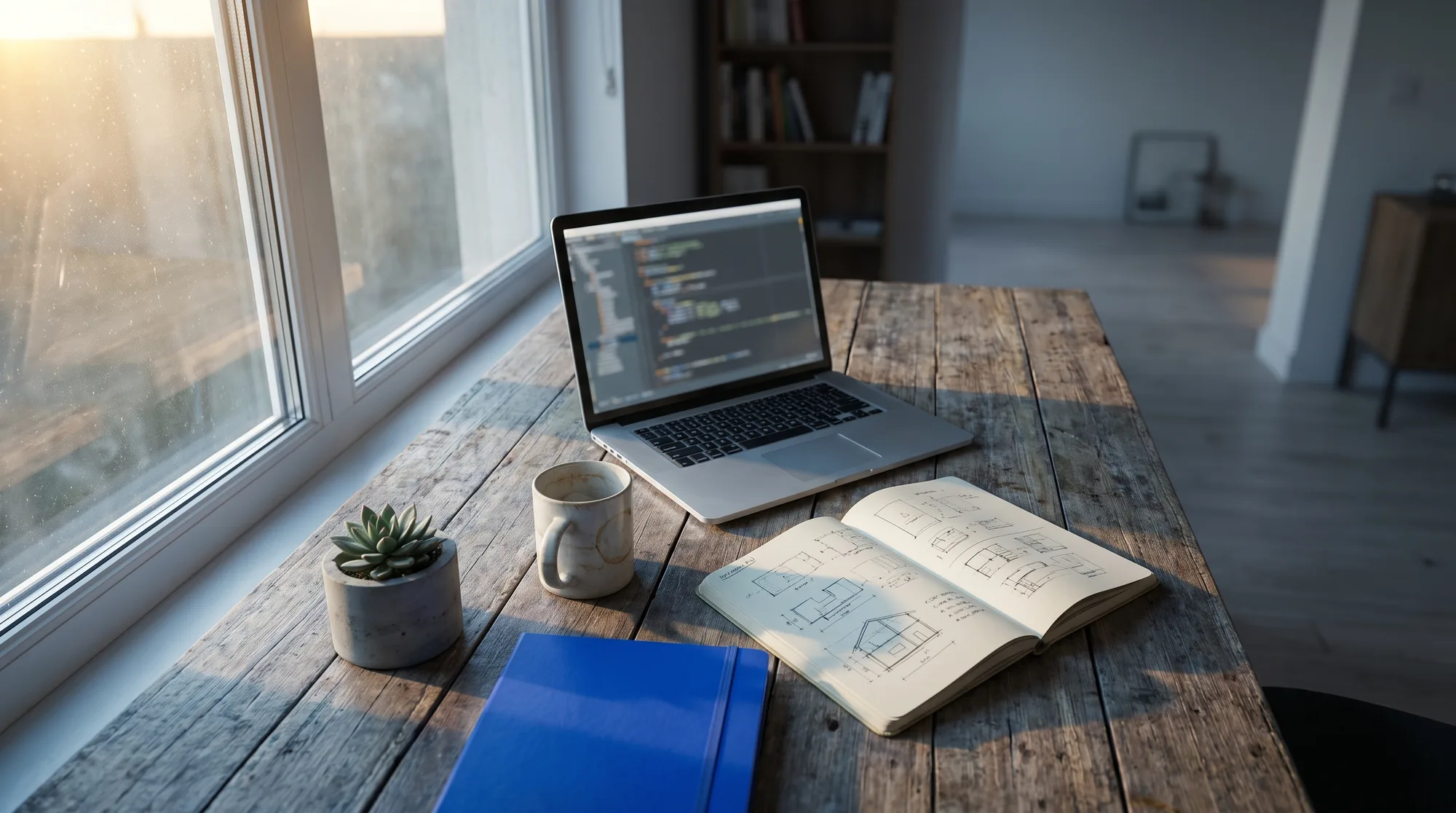An independent app builder working thoughtfully at a desk