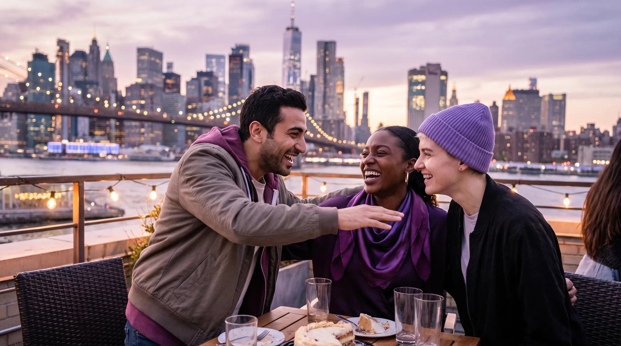 A group of friends celebrating with a rooftop high five