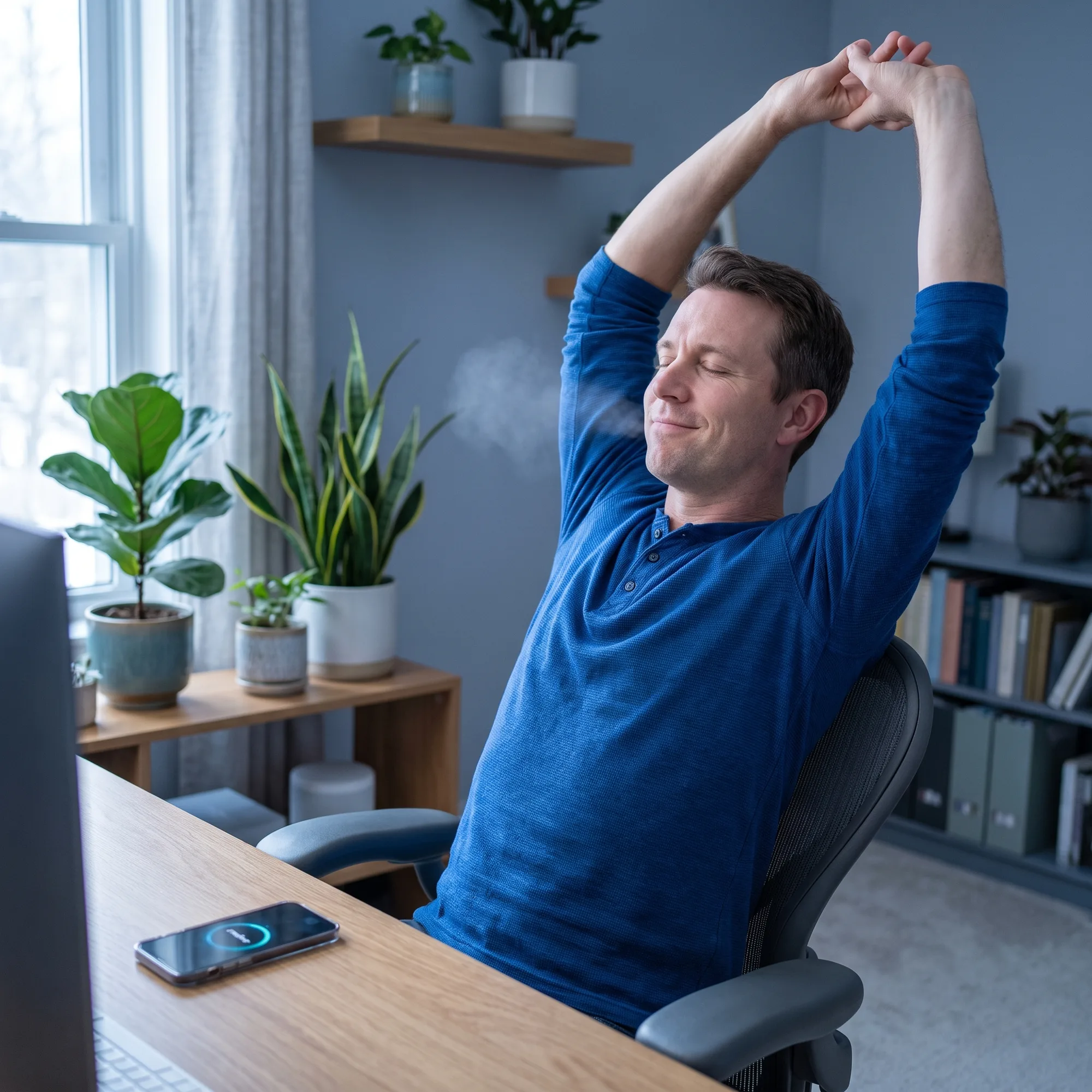 A person feeling relieved after completing a focused work session