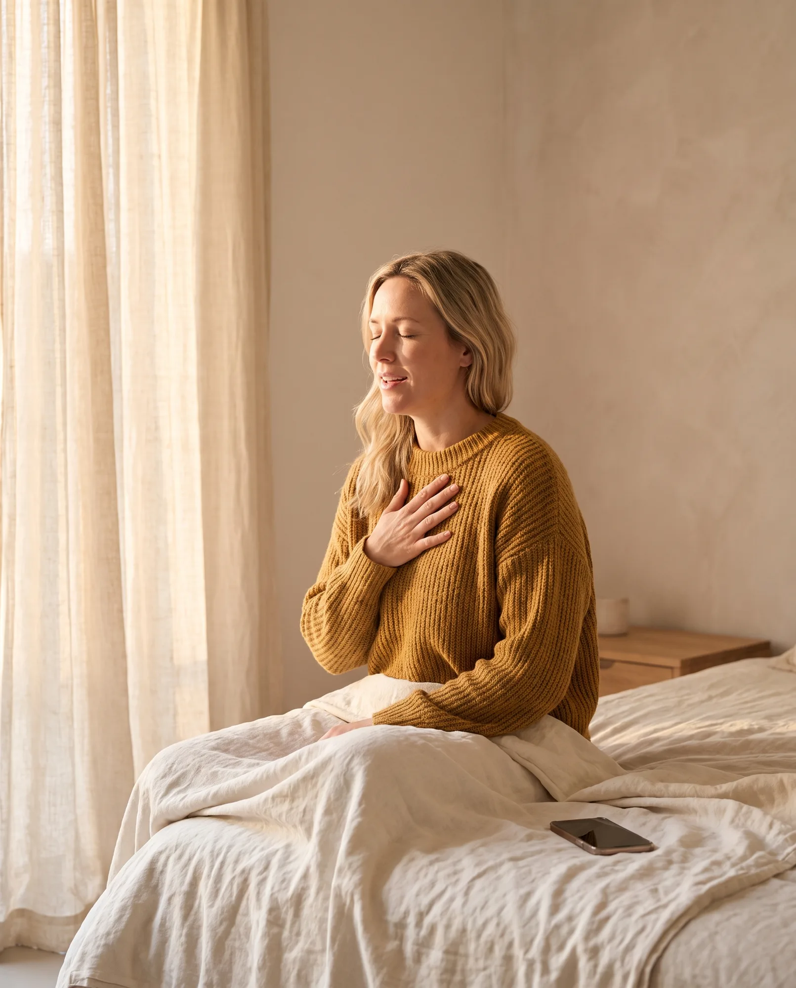 A relieved person enjoying a calm morning