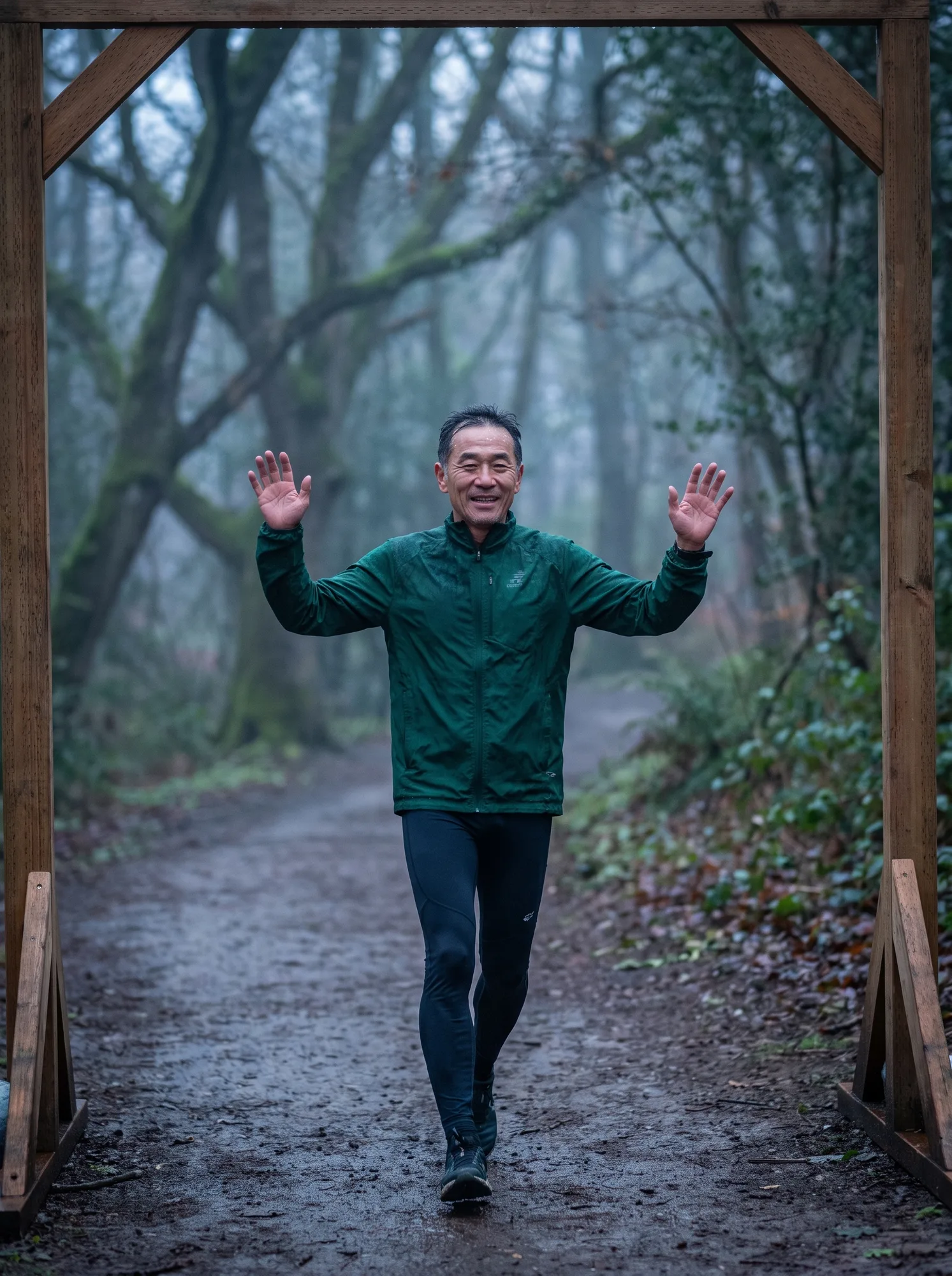 A runner celebrating at the finish line